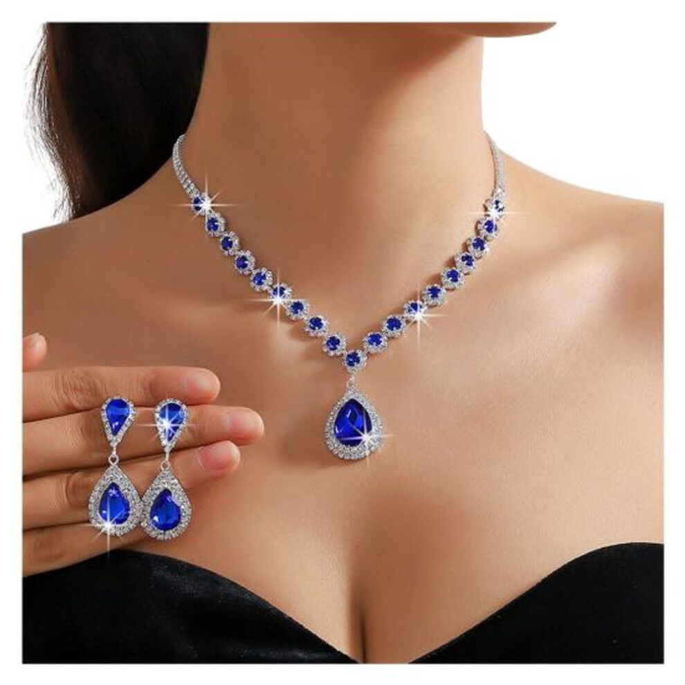 (royal blue) 2pcs/set Women Wedding Jewelry Set Waterdrop Shape Shining Faux Crystal Choker Necklace Dangle Earrings Set