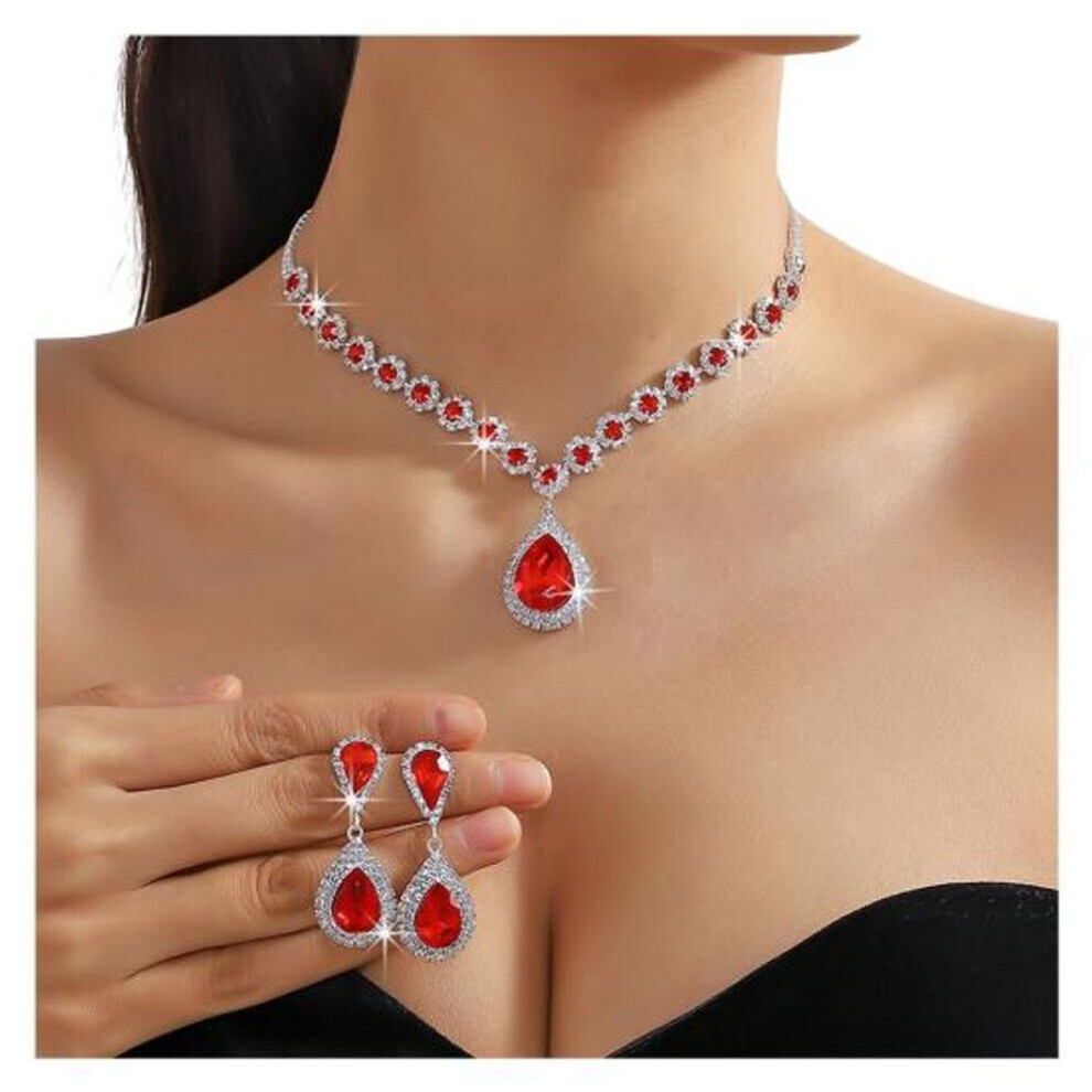 (red) 2pcs/set Women Wedding Jewelry Set Waterdrop Shape Shining Faux Crystal Choker Necklace Dangle Earrings Set
