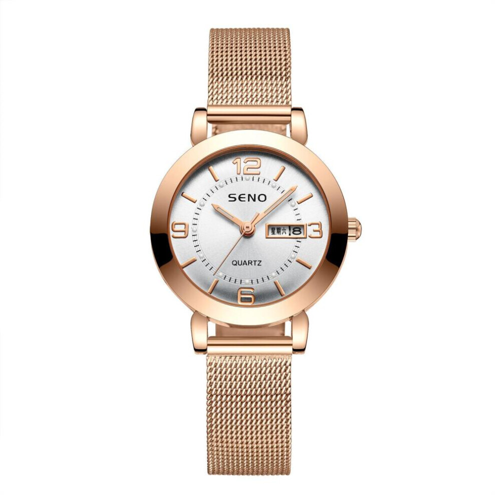 (White) Women Fashion Mesh Belt Quartz Watch Ladies Watch Luminous Waterproof Dual Calendar Female Student Steel Belt Watch
