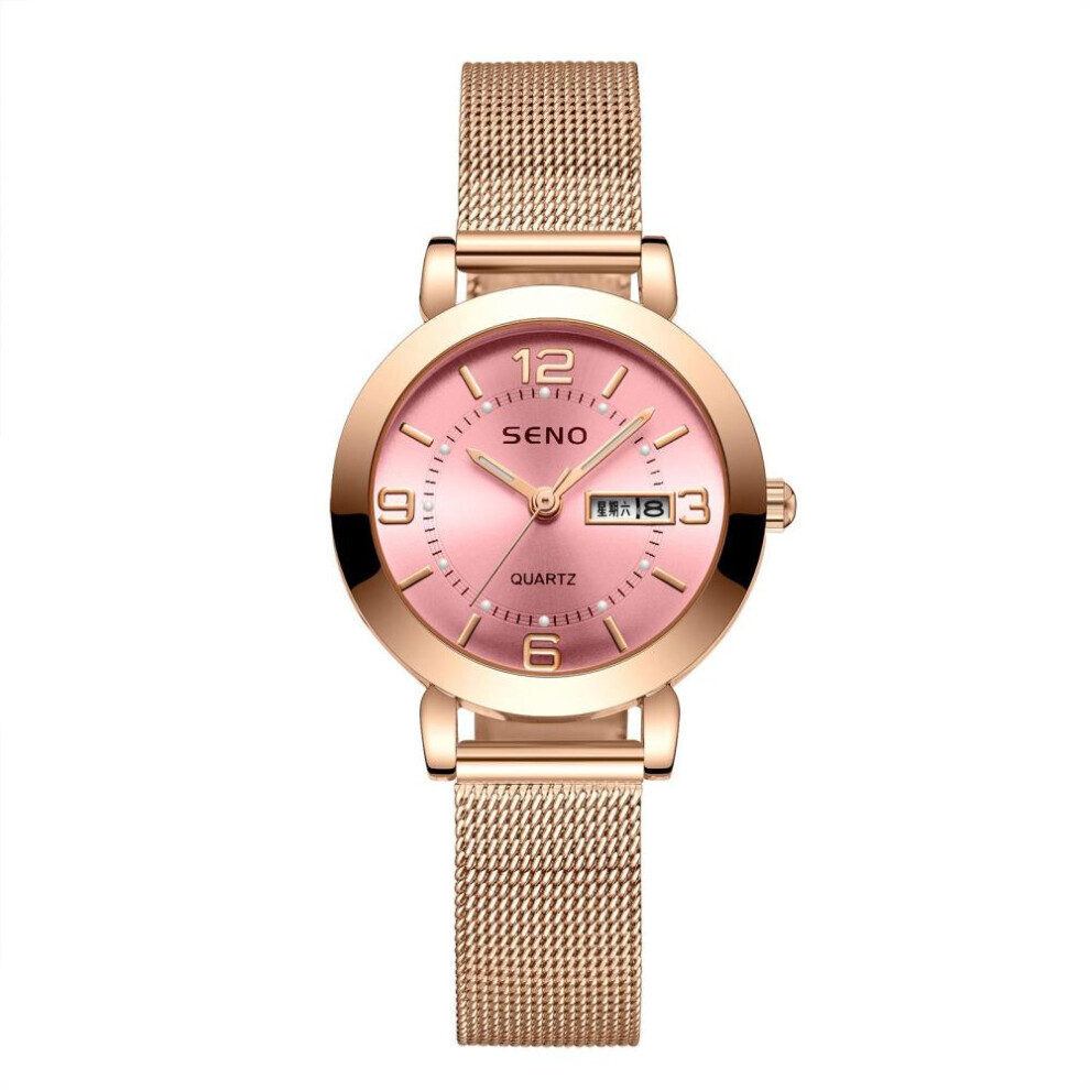 (Pink) Women Fashion Mesh Belt Quartz Watch Ladies Watch Luminous Waterproof Dual Calendar Female Student Steel Belt Watch