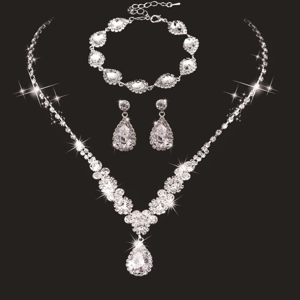 (silver) Fashion Gold Rose Gold Three-piece Zircon Necklace Earrings Bracelet Bridal Set Jewelry