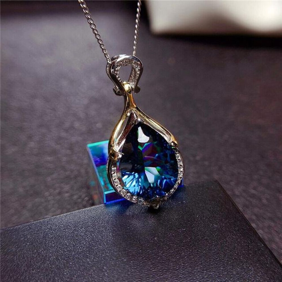 (blue, 45cm) S925 Silver 45cm Necklace Dark Sapphire Jewelry Pendants For Women Bohemia Collares Blue Sapphire Topaz Pendant Necklace Girls