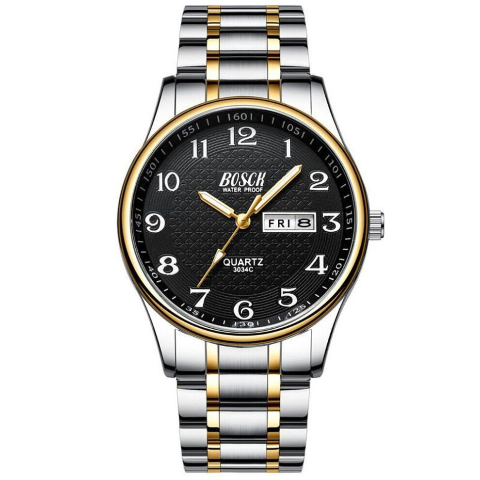 Maxpower (,Black) Men's Watch Luxury Stainless Steel Watches Fashion Quartz Wristwatch Waterproof Week Date Male Clock Gold/Black