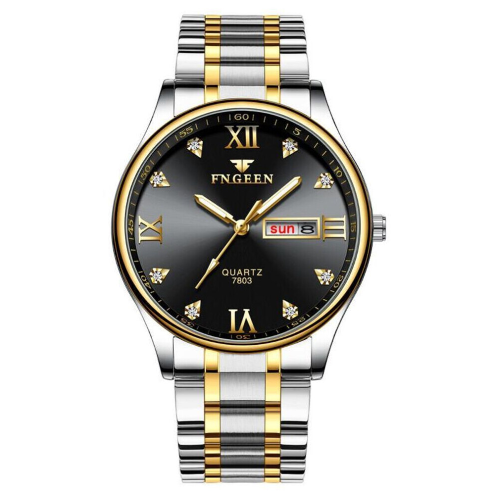 Maxpower (Black) Luxury Brand Watch Men Stainless Steel Diamond Quartz Watch Analog Display Date Week Wrist Watches Black