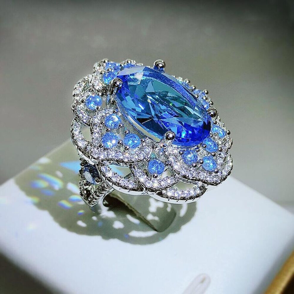 (blue, Resizable) High Quality Sparkling Blue Zircon Large Flower Ring Female 925 Silver Fashion Wedding Party Proposal Jewelry Gift