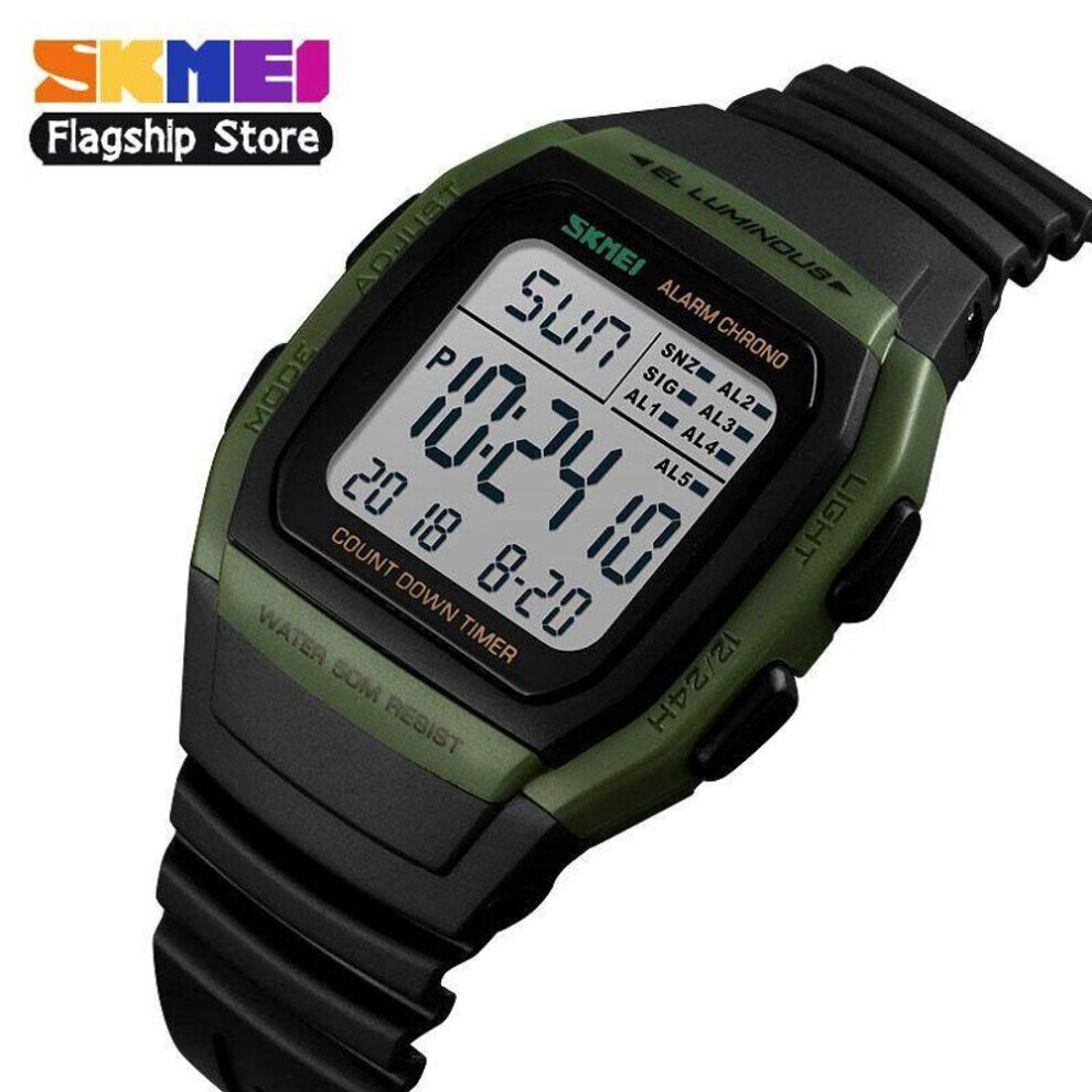 (green) Skmei New Men Sports Watches Retro Multifunction Fashion Watch Square Chrono Countdown Waterproof Wristwatches 1278