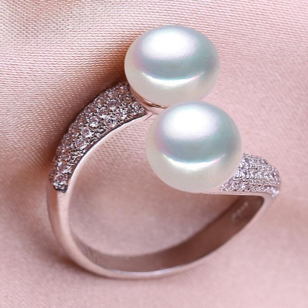 Maxpower (White) Seniko Double Natural Freshwater Pearl Rings For Women Fashion Female Cubic Zirconia Cz Ring Pearl Jewelry Adjustable Ring White