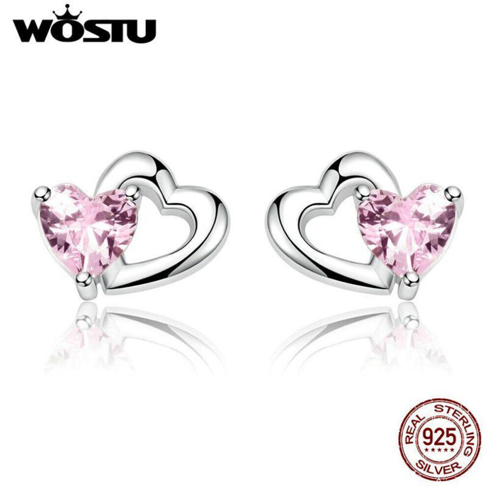 Maxpower (Silver) Wostu Genuine 925 Sterling Silver Double Heart Shape Pink Cz Romantic Stud Earrings For Women Pink,Silver