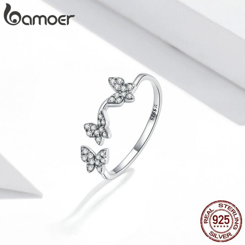 Maxpower (Silver) Bamoer 925 Sterling Shine Cubic Zirconia Flying Butterfly Ring Women Adjustable Statement Rings Silver