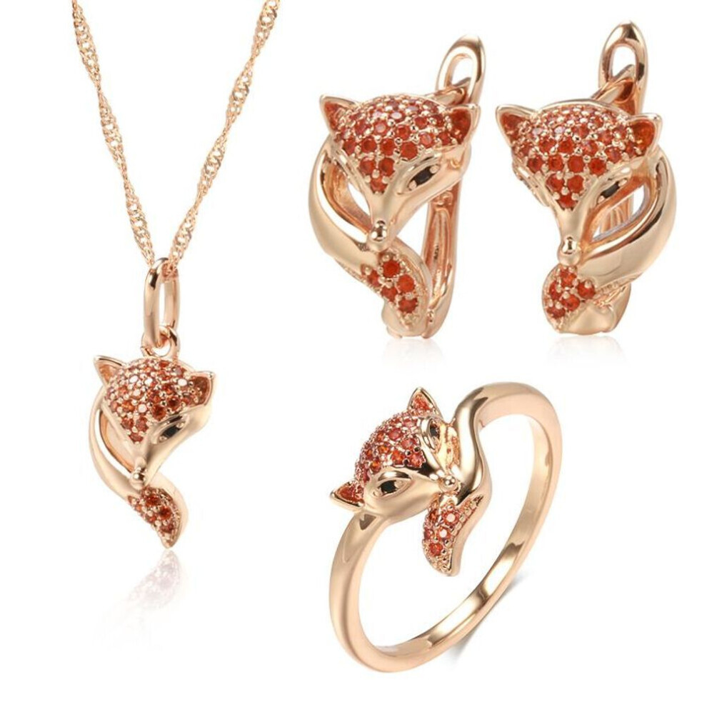 (7) Kinel Red Natural Zircon Fox Jewelry Set Vintage Rose Gold Color Animal Necklace Earrings And Ring Sets
