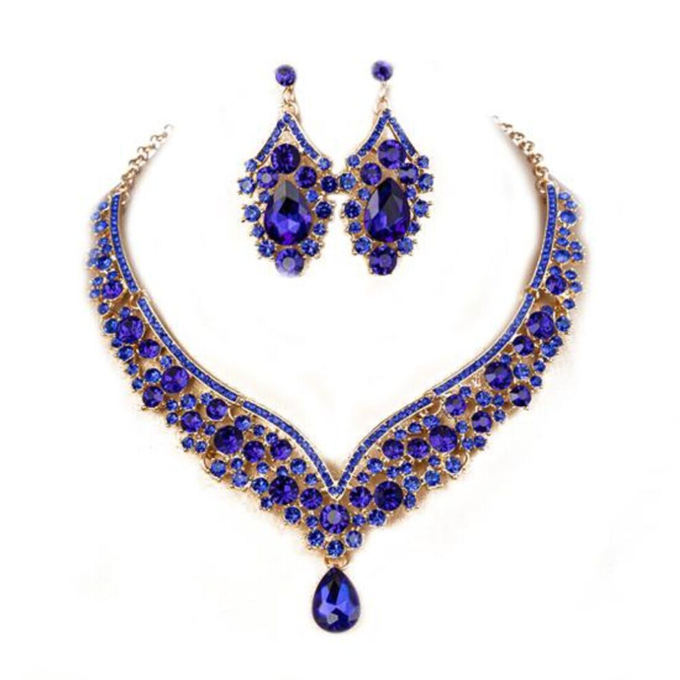 Maxpower (Blue) 1 Set Bridal Earrings Necklace Water Drop-Shaped Rhinestones Jewelry Geometric Adjustable Jewelry Set For Wedding Blue