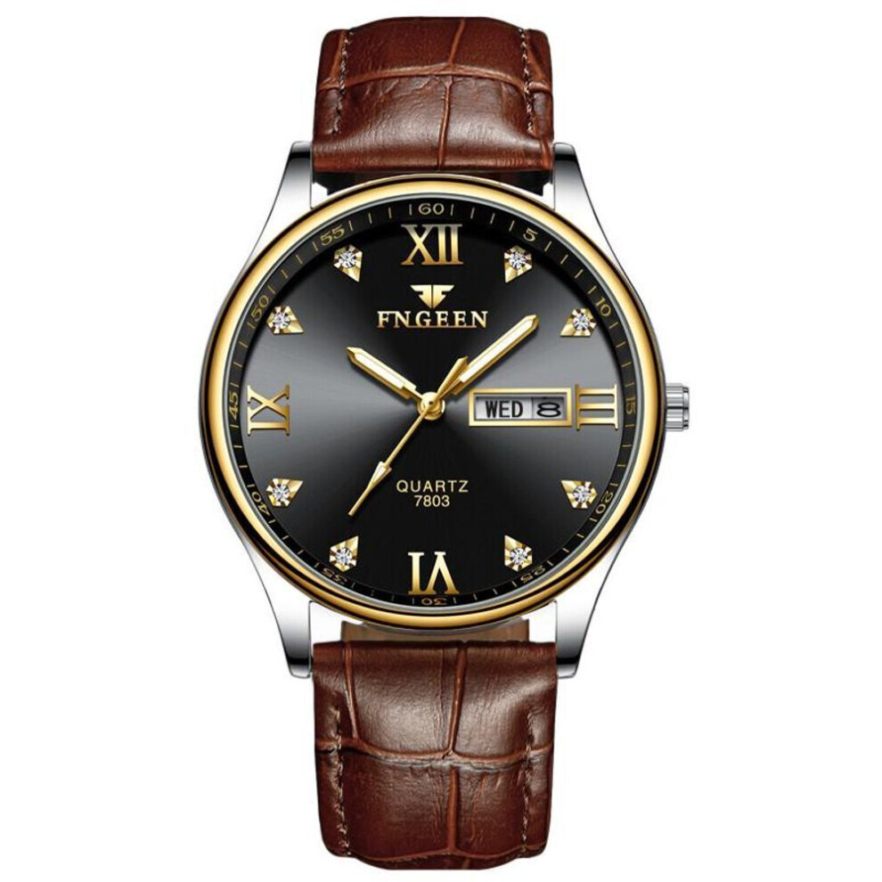 (brown,black) Luxury Brand Watch Men Stainless Steel Diamond Quartz Watch Analog Display Date Week Wrist Watches