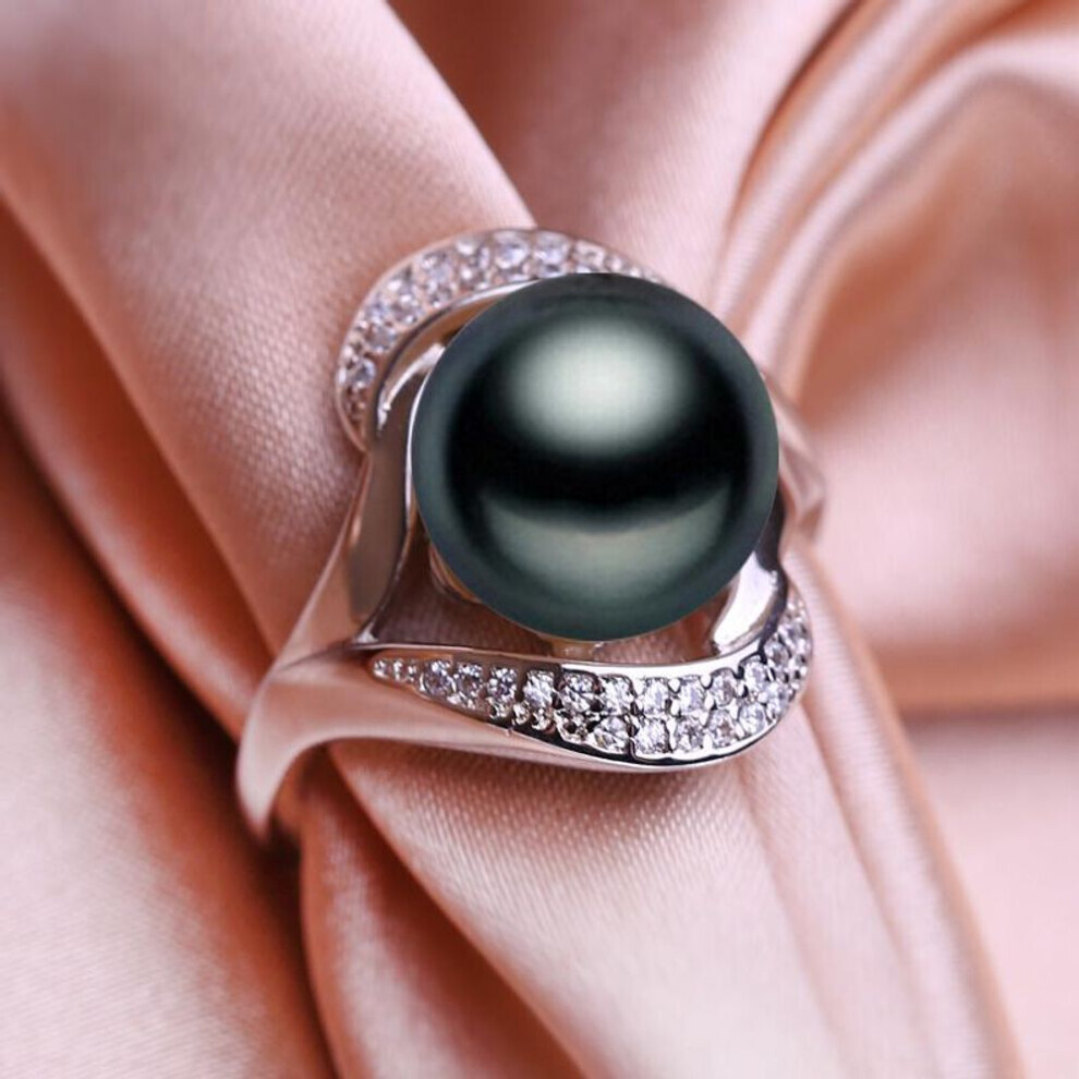 (black) Seniko 10-11mm Natural Freshwater Pearl Rings For Women Fashion Female Cubic Zirconia Cz Ring Pearl Jewelry Adjustable Ring
