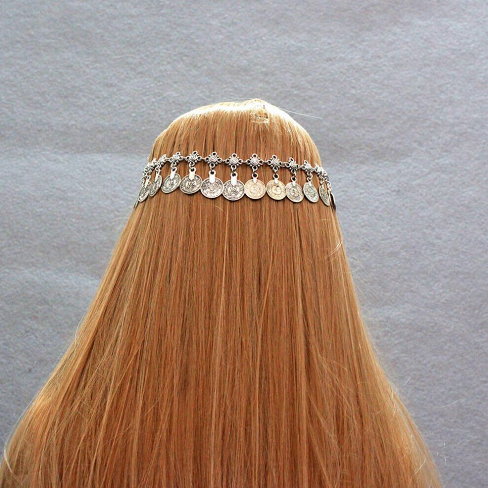 (silver) Antique Silver Bohemian Gypsy Coins Tassel Head Chain Headpieces Jewelry
