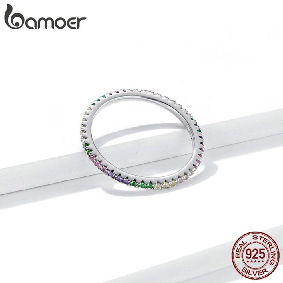Maxpower (6) Bamoer 925 Sterling Shiny Colorful Zircon Rainbow Ring Women Stackable Statement Rings Silver