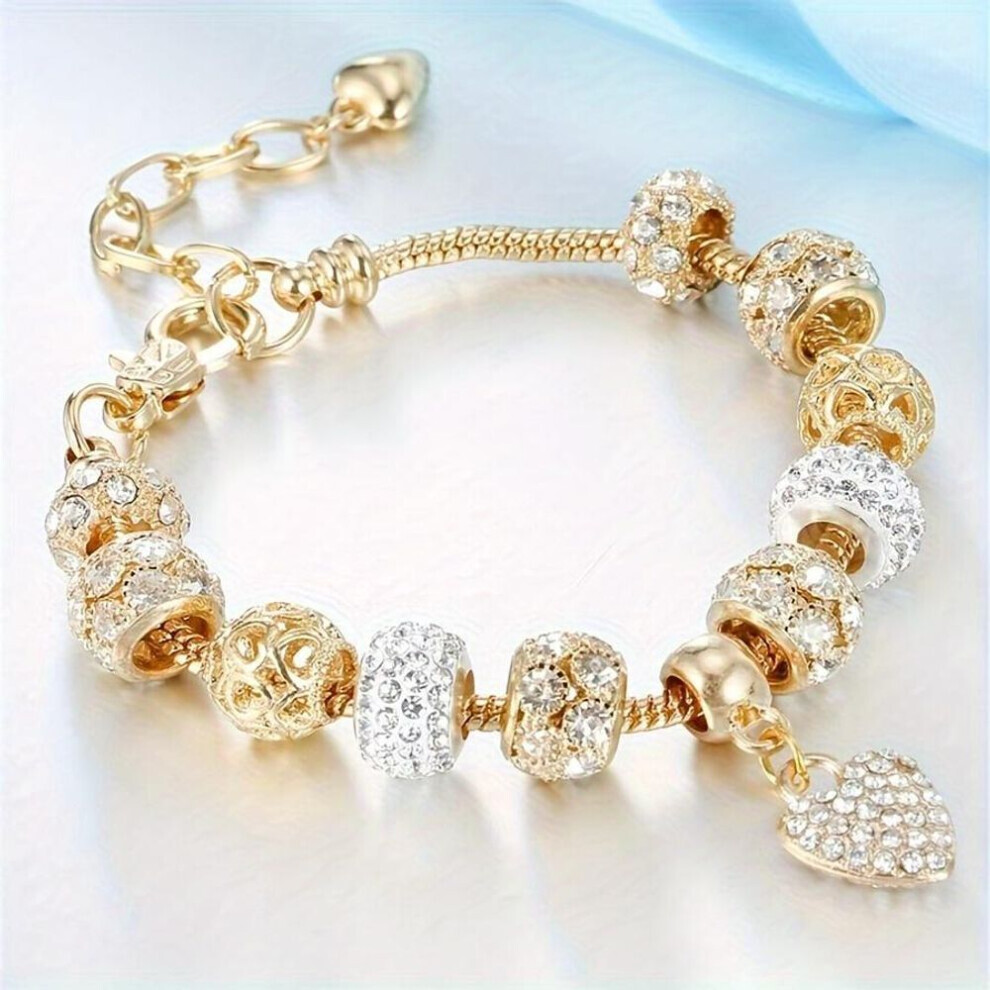 (as the picture) 1pc Fashion Char Bracelet, Large Hole Bead Gold Heart Glitter Charm Bracelet, Artificial 14k Gold Plated Fashion Bohemian Style Bracelet