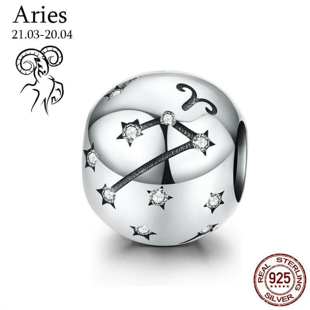 Maxpower (Aries) Bamoer Original Design 12 Constellation Zodiac Round 925 Sterling Beads Fit Bracelet Silver