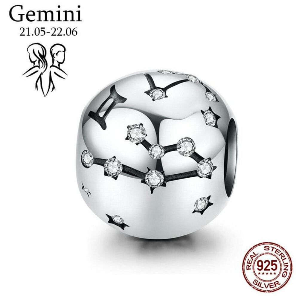 Maxpower (Gemini) Bamoer Original Design 12 Constellation Zodiac Round 925 Sterling Beads Fit Bracelet Silver