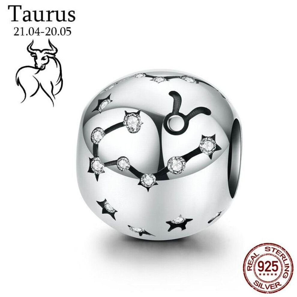 Maxpower (Taurus) Bamoer Original Design 12 Constellation Zodiac Round 925 Sterling Beads Fit Bracelet Silver