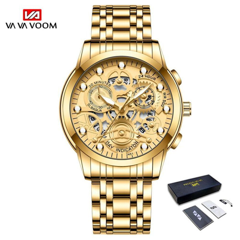 (gold, With Packaging) Va Va Voom Gold Hollow Luminous Quartz Watches Skeleton Watch Men Watches Imported Movement Business Sports For Husband Gift Stainless Steel Men Watch