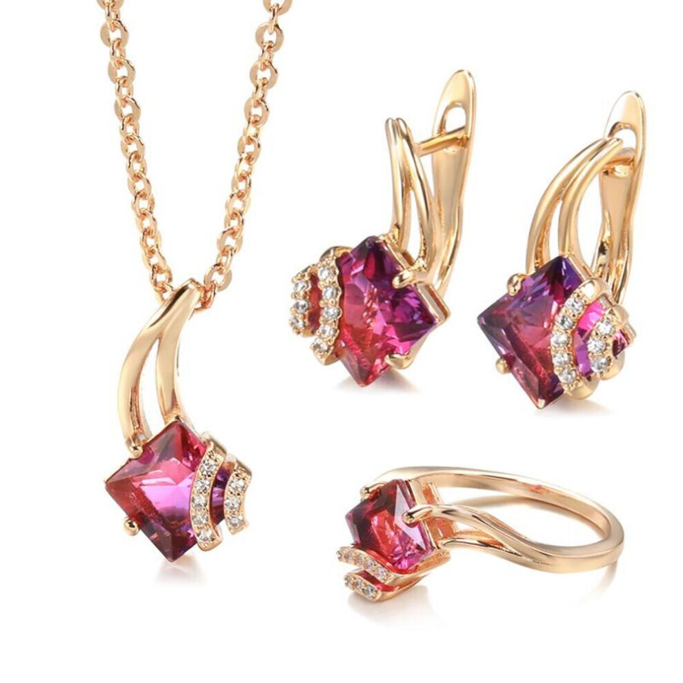 (9) Kinel Shiny Red Natural Zircon Jewelry Sets Rose Gold Color Vintage Necklace Earrings And Ring Sets