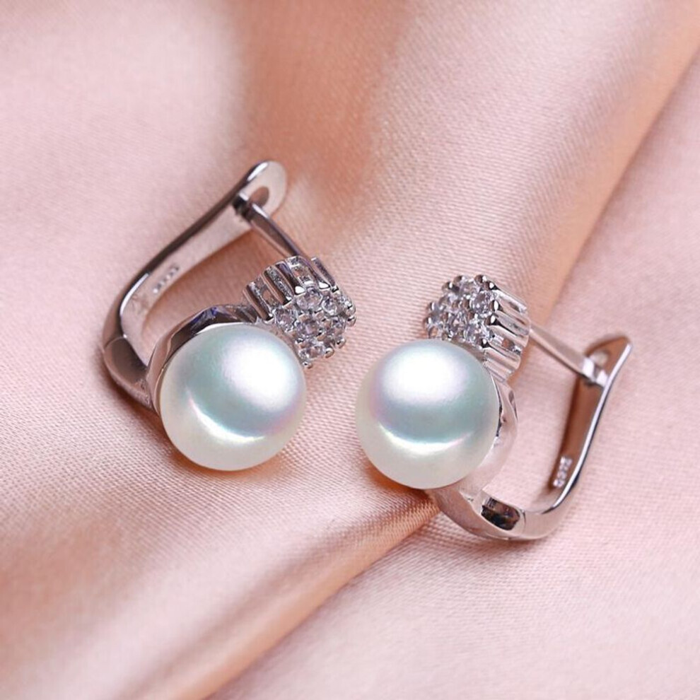 Maxpower (White) Seniko 8-9Mm Natural Freshwater Pearl Earrings Geometry Design Fashion Cubic Zirconia Clip Earrings For Women Girl Gift White