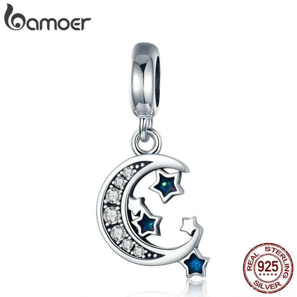 Maxpower (Scc639) Bamoer Authentic 925 Sterling Sparkling Sky Moon & Star Clear Cz Dangle Charm Silver