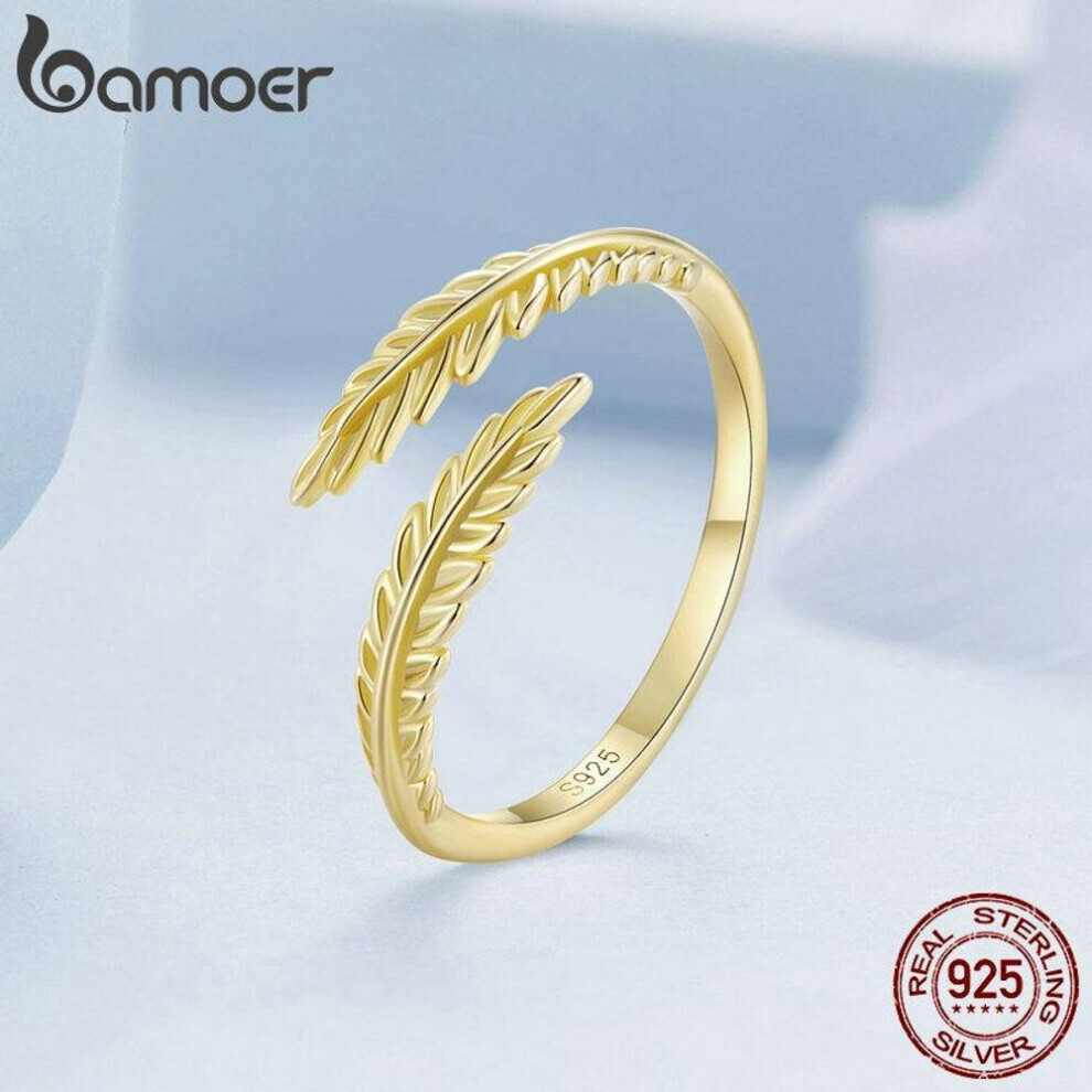 (925 silver) Bamoer 925 Sterling Silver Gold Leaf Opening Ring Simple Leaves Vine Adjustable Ring For Women Chic Fine Jewelry
