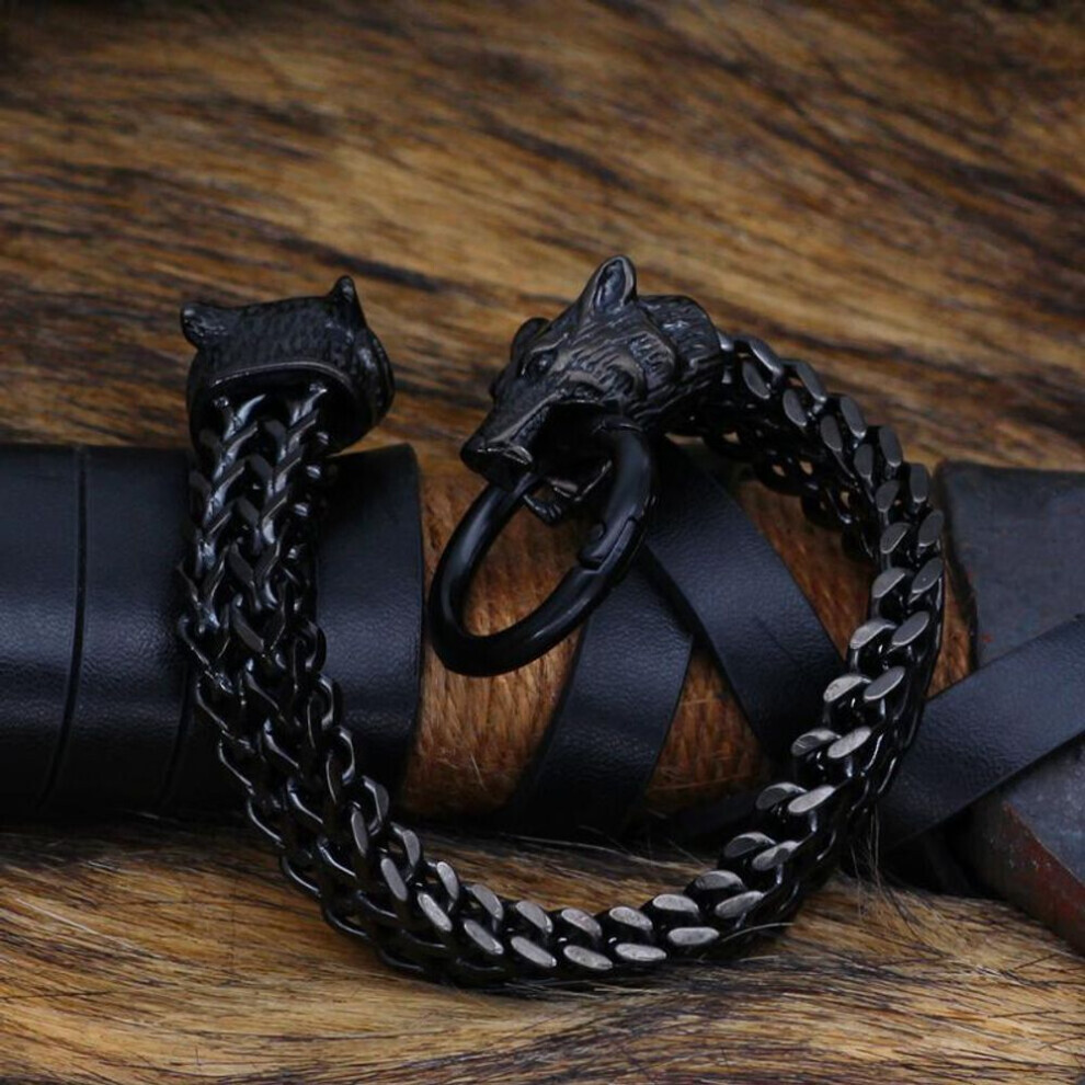 (black, 19cm) 1pc Fashion Stainless Steel Black Golden Bracelet Vintage Viking Wolf Head Bracelet Men&apos;s Best Gift Bracelet