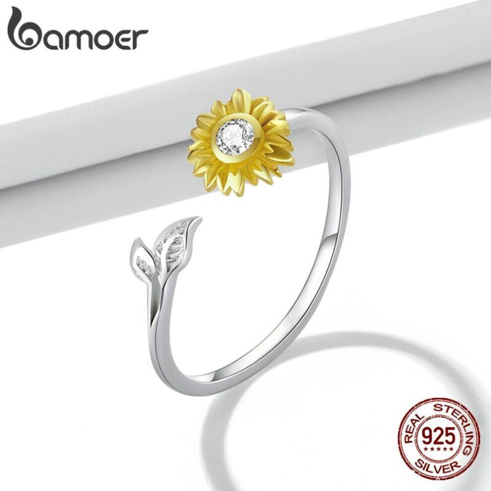 Maxpower (925 ) Bamoer 925 Sterling Bright Zircon Golden Sun Flower Shape Adjustable Ring For Women Elegant Fine Jewelry Silver