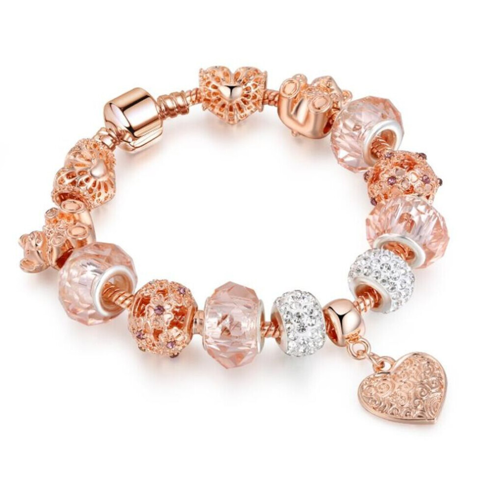 (rose gold, 19cm) Rose Gold Heart-shaped Charm Bracelets Fashion Jewelry Beaded Bracelet Birthday Christmas Gifts For Girl Women