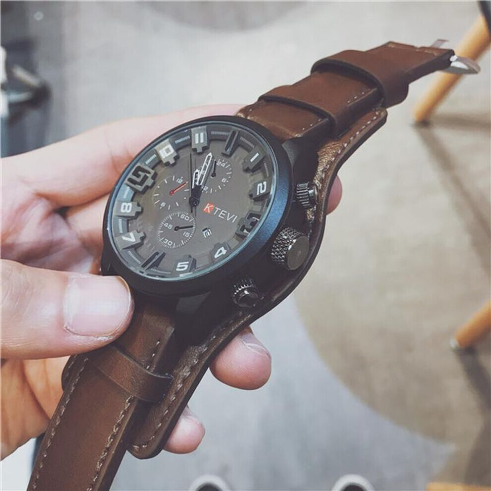 (dark brown) Watch Men Large Dial Sport Watches Leather Strap Oversized Quartz Wrist Watch Army Military Clock Relogios Masculino