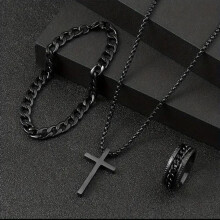 (as the picture) Hip Hop Punk Mens Jewelry Sets Stainless Steel Cross Pendant Necklace Rotatable Fidget Ring Chains Bracelets Sets For Men Accessories