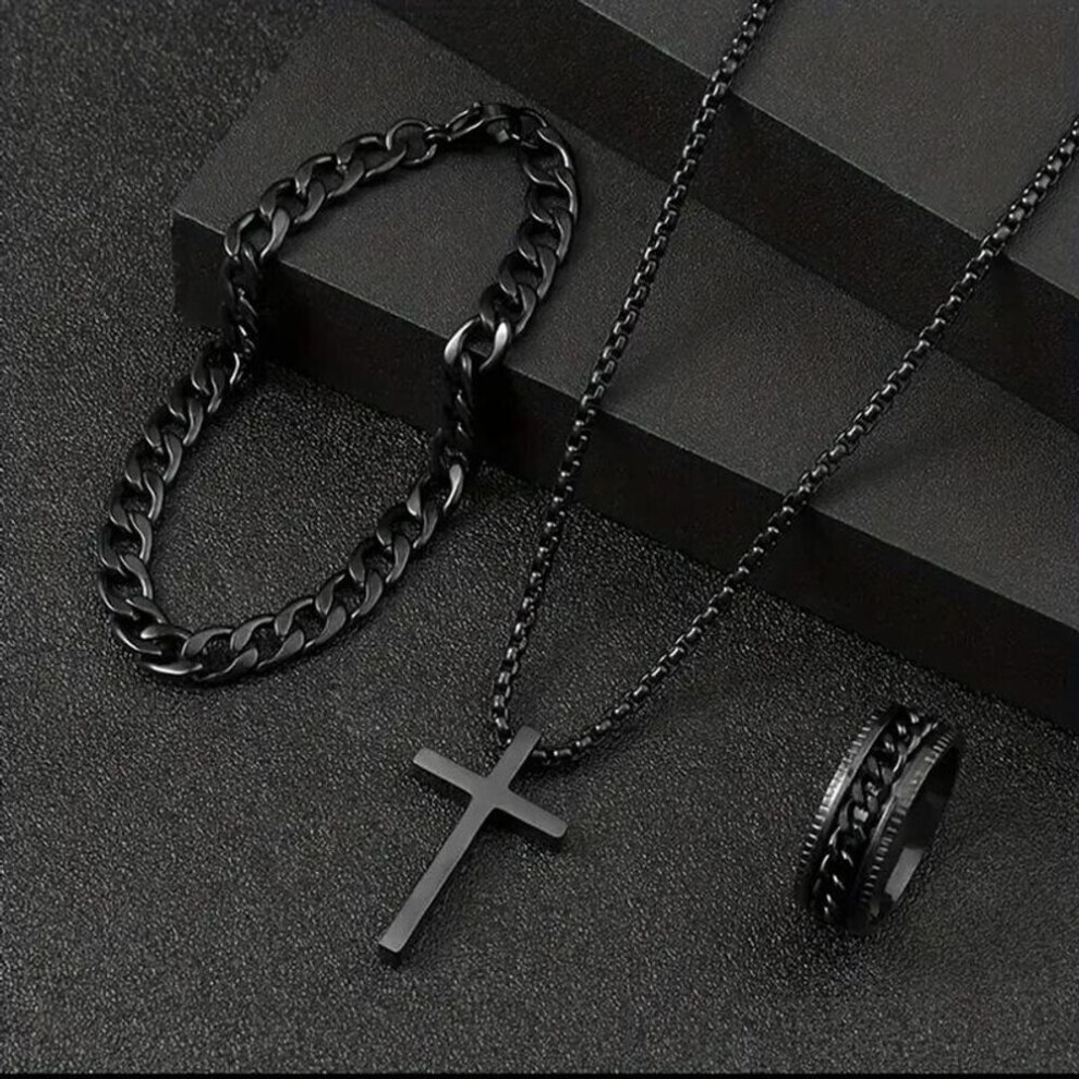 (as the picture) Hip Hop Punk Mens Jewelry Sets Stainless Steel Cross Pendant Necklace Rotatable Fidget Ring Chains Bracelets Sets For Men Accessories