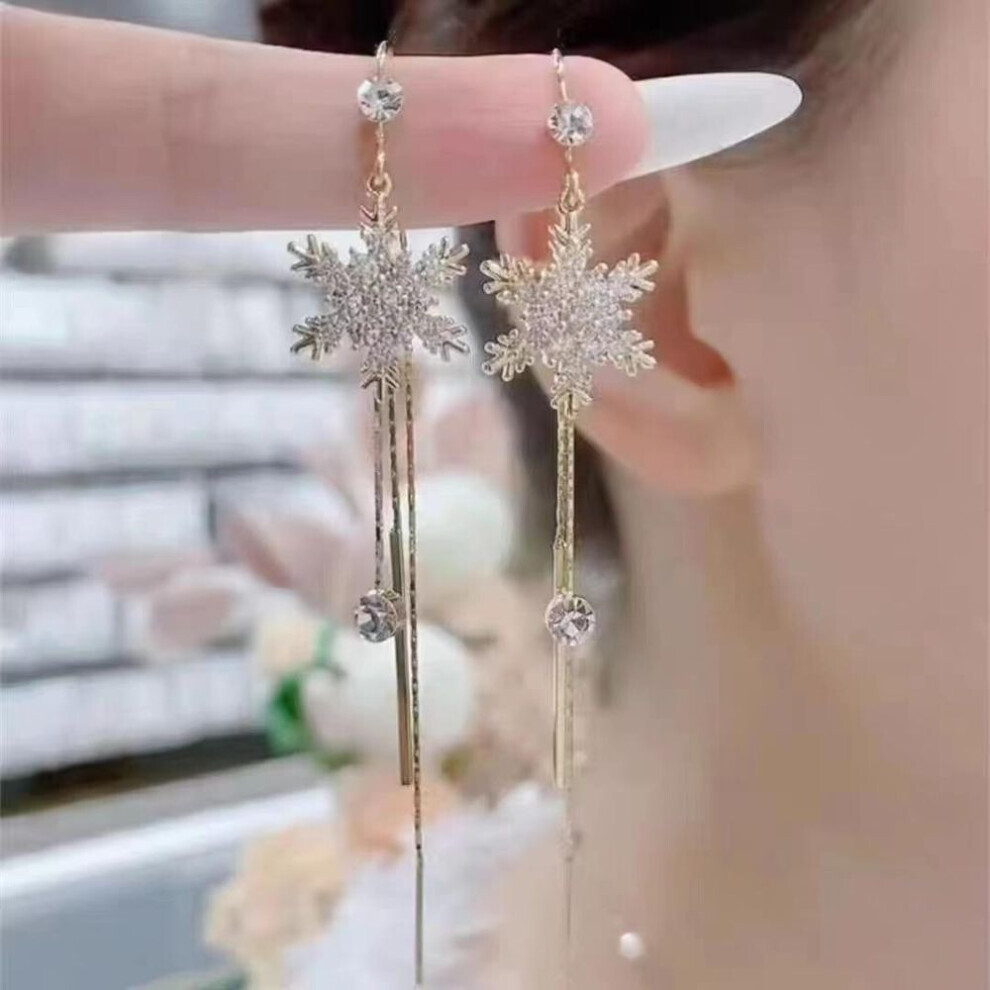Maxpower (As The Picture) Women's Elegant Long Zircon Snowflake Fringe Earrings
