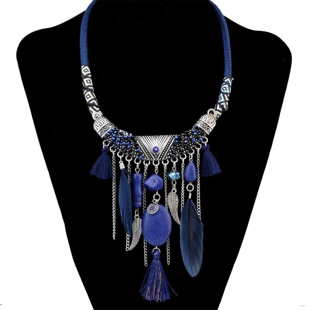 (blue) Ethnic Vintage Boho Tassel Necklaces For Women Feather Beads Necklace Bohemian Party Jewelry Gift