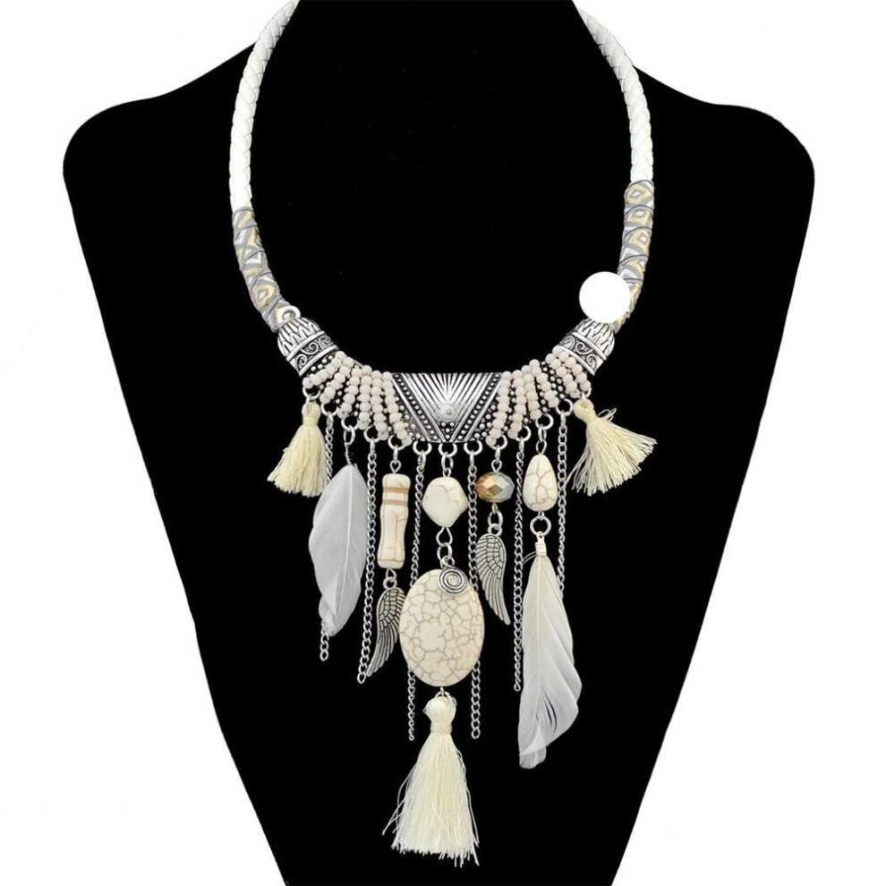 Maxpower (White) Ethnic Vintage Boho Tassel Necklaces For Women Feather Beads Necklace Bohemian Party Jewelry Gift White