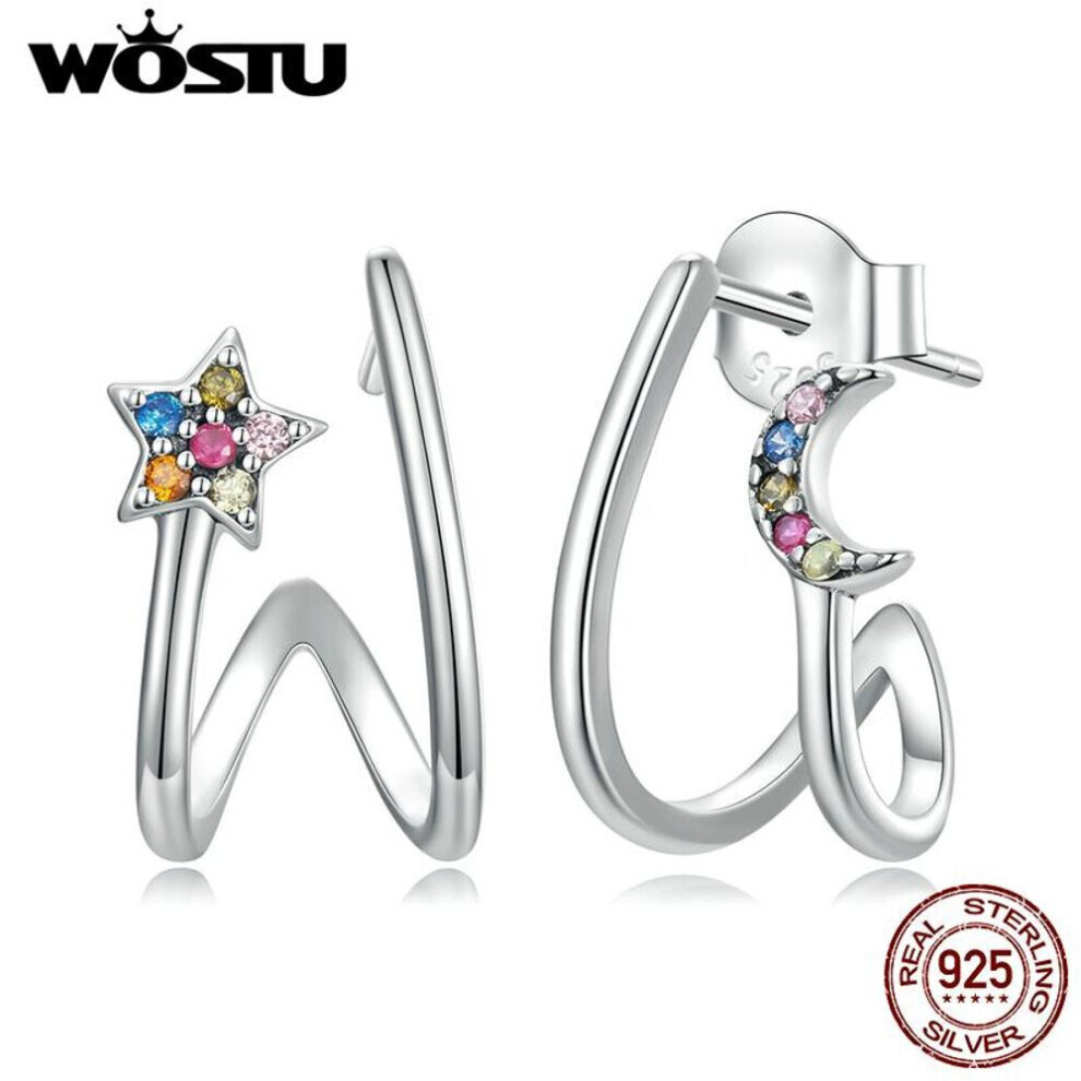 (925 silver) Wostu 925 Sterling Silver Star & Moon Stud Earrings For Women Simple Style Zircon Ear Hooks Fine Jewelry Gifts