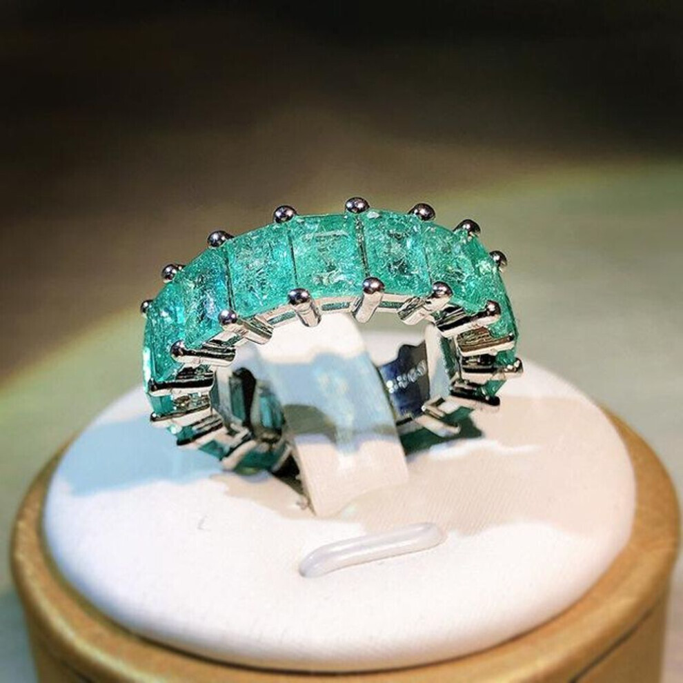 (green, 10) High Quality Inlaid Paraiba Square Princess Ring For Women 925 Silver T Square Four Prong Ring Fashion Engagement Party Jewelry