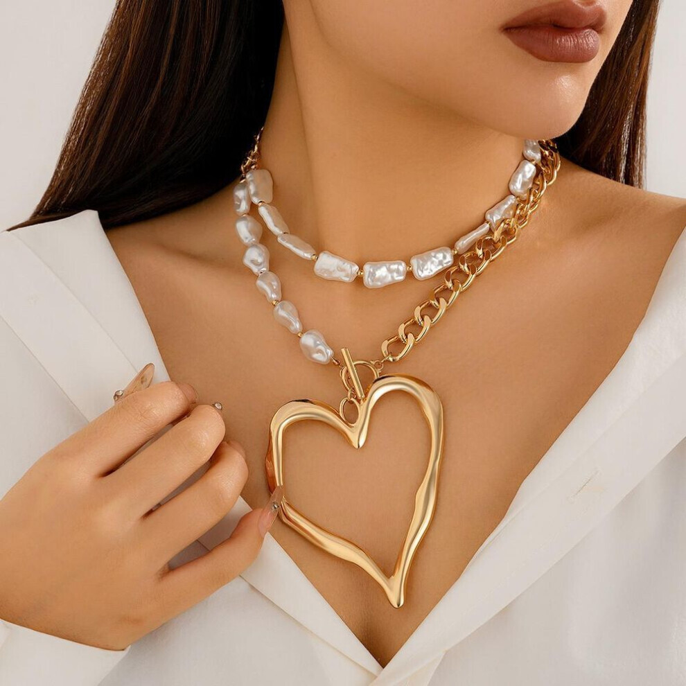 (as the picture) Sweet Cool Girls Big Love Heart Beaded Necklace For Women Exaggerated Multi-layered Baroque Imitation Pearls Necklace Jewelry