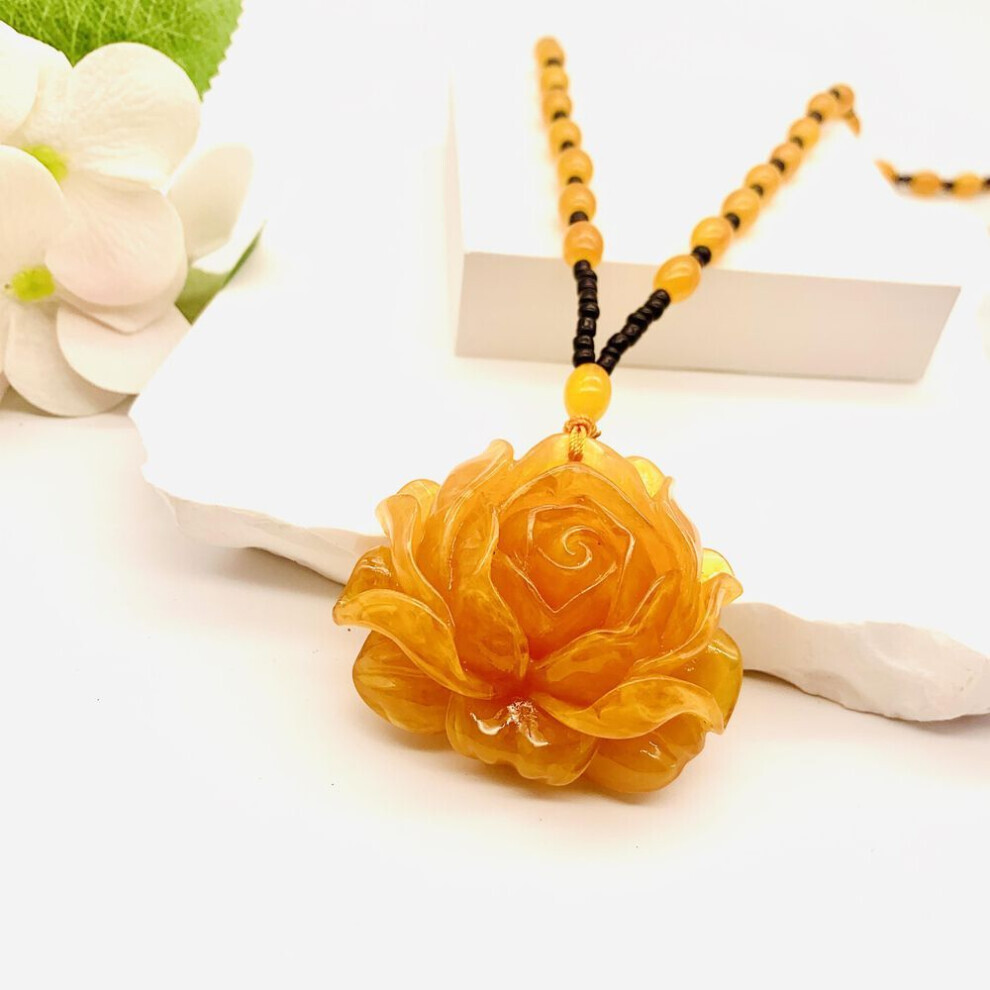 Maxpower (Yellow) Ethnic Style Amber Rose Pendant Beaded Women's Sweater Chain Necklace Yellow