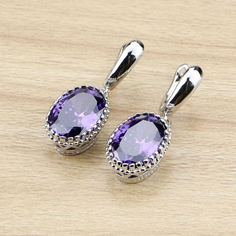 (purple) Oval Purple Stones Dangle Earrings Silver Color Jewelry Drop Earring For Women