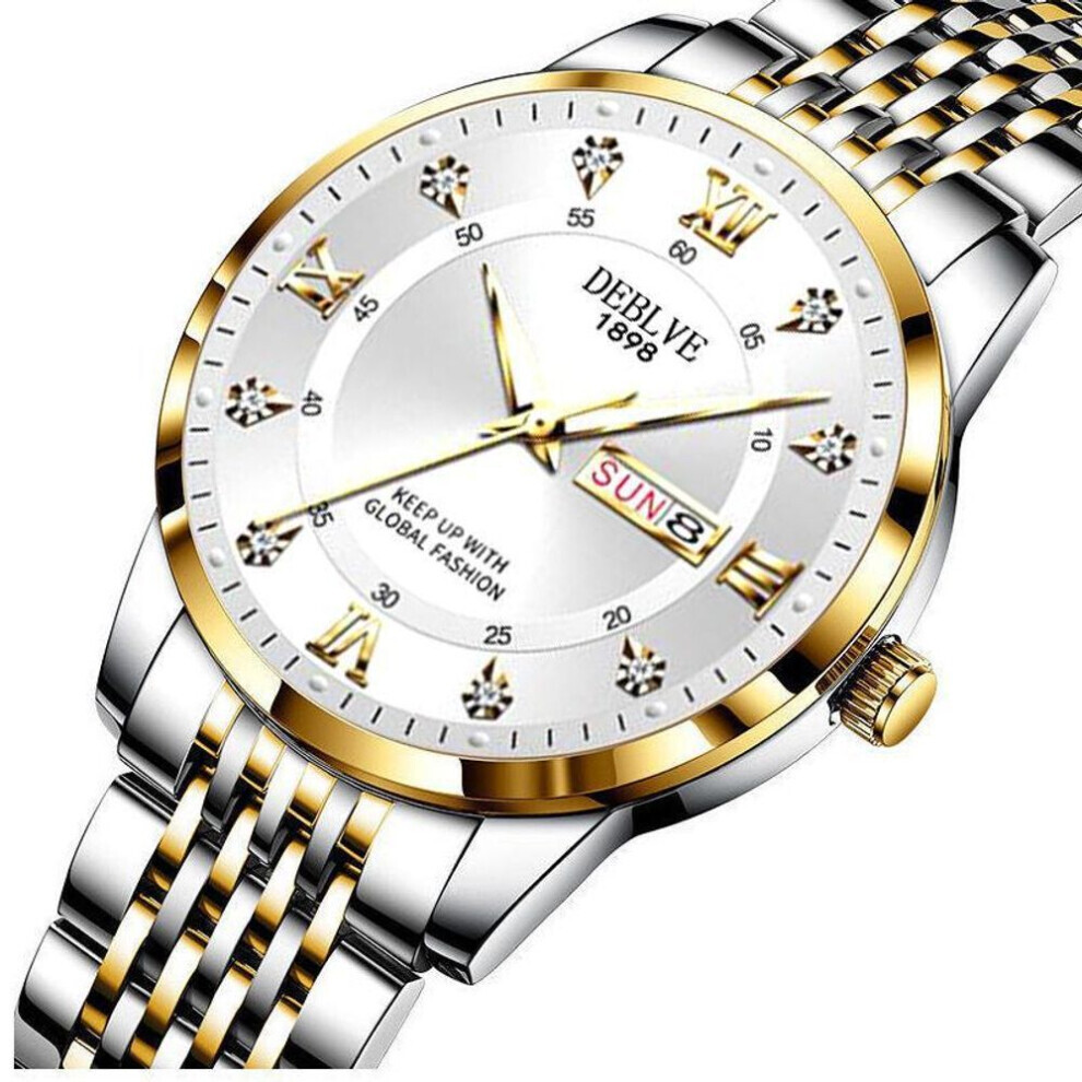 (white, Gold belt) Men&apos;s Luminous Waterproof Fashion Watch With Dual Calendar And Solid Strap