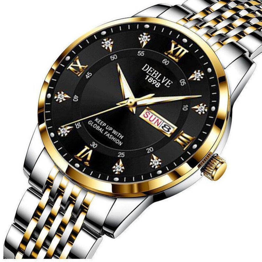 (black, Gold belt) Men&apos;s Luminous Waterproof Fashion Watch With Dual Calendar And Solid Strap