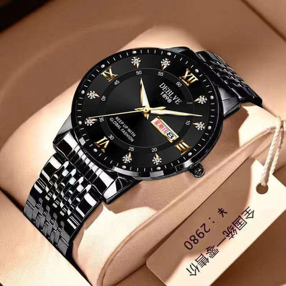 (black, Black belt) Men&apos;s Luminous Waterproof Fashion Watch With Dual Calendar And Solid Strap