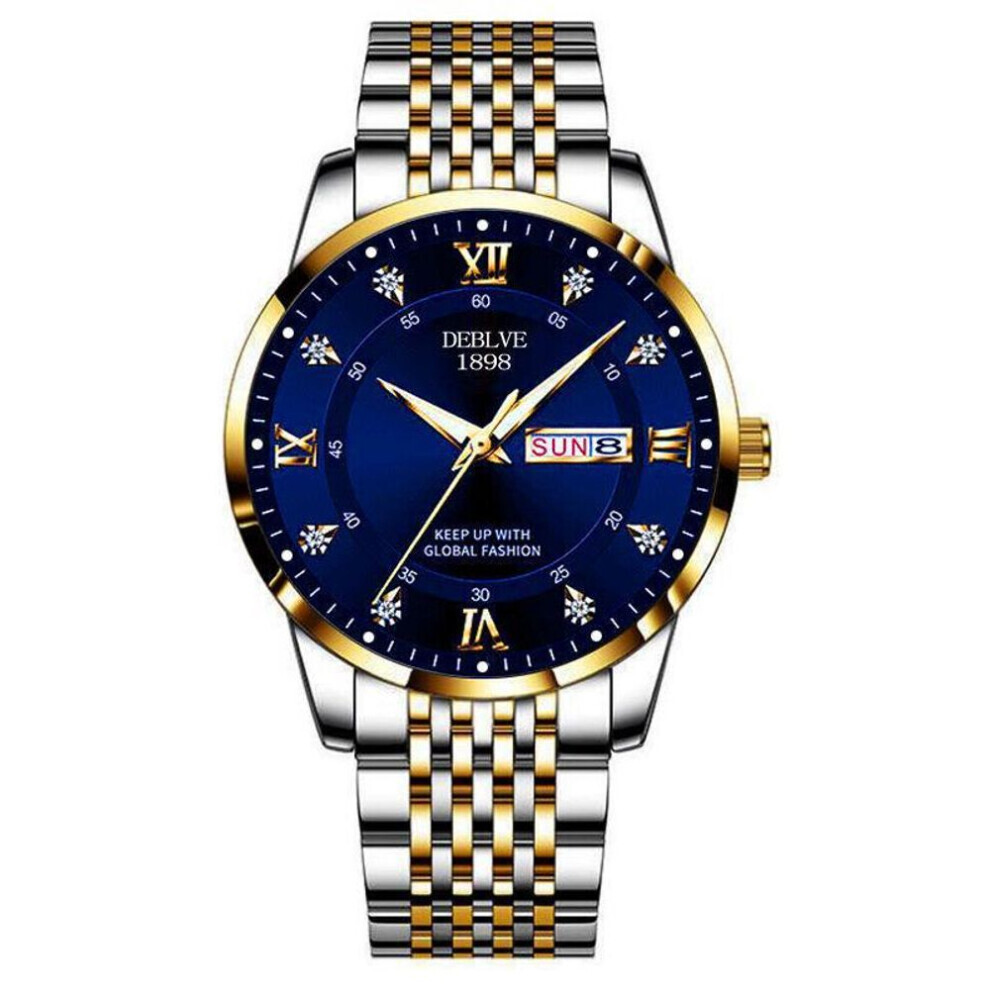 (blue, Gold belt) Men&apos;s Luminous Waterproof Fashion Watch With Dual Calendar And Solid Strap