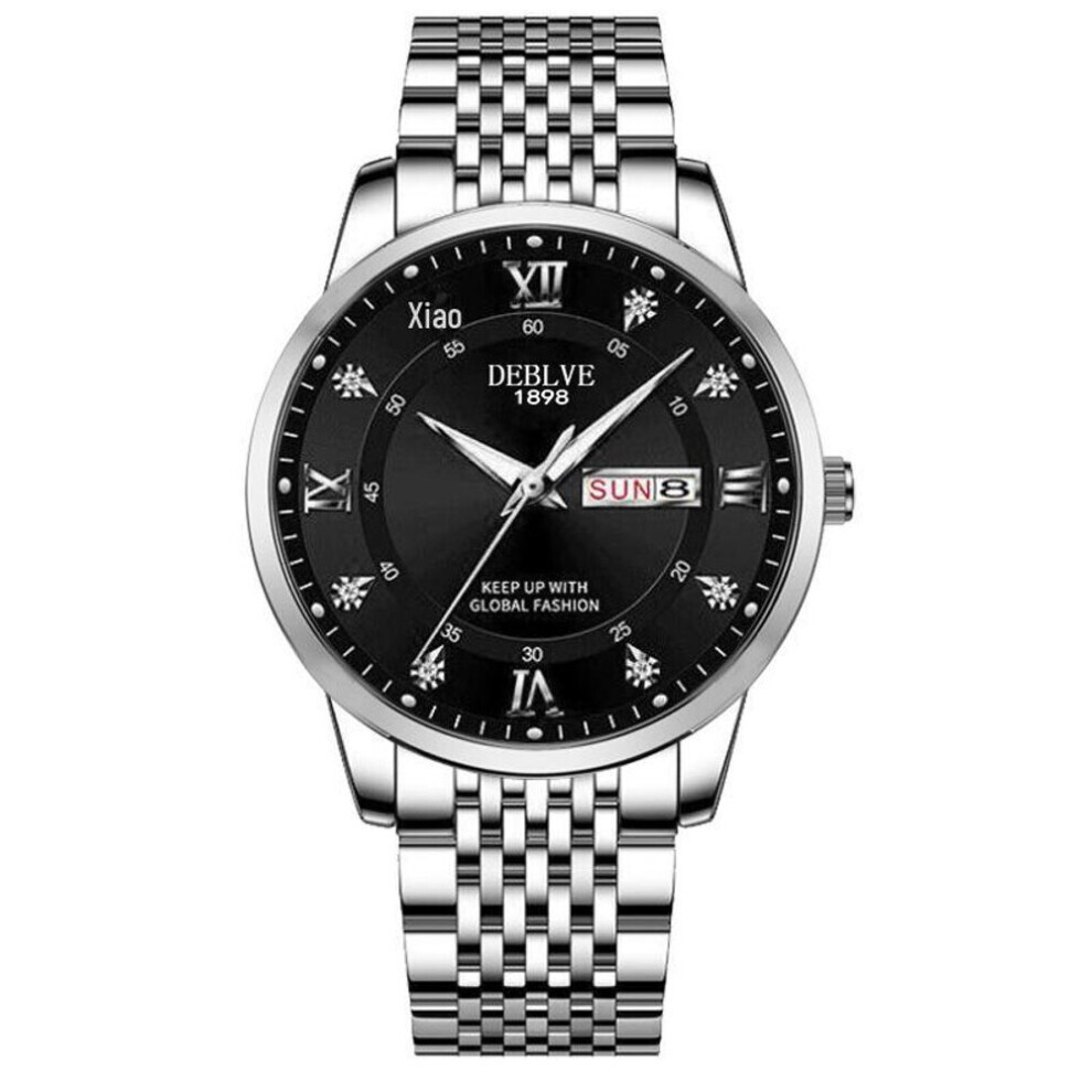 (black, Silver belt) Men&apos;s Luminous Waterproof Fashion Watch With Dual Calendar And Solid Strap