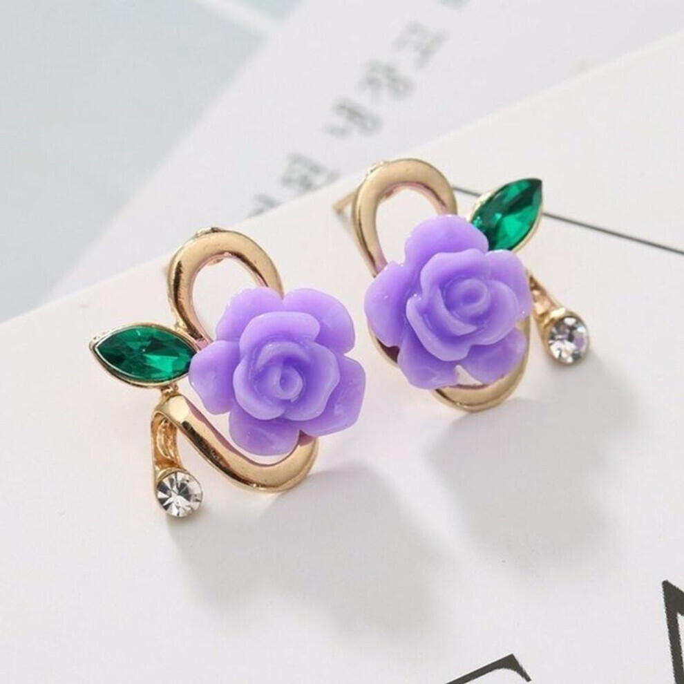 Maxpower (Purple) Fashion And Elegant Ladies Rose Earrings Dual-Use Clip-On Flower Tassel Earrings Jewelry Purple