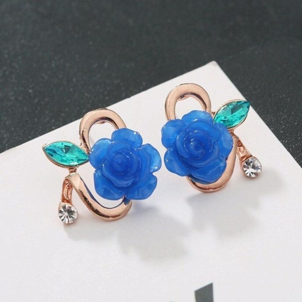 Maxpower (Blue) Fashion And Elegant Ladies Rose Earrings Dual-Use Clip-On Flower Tassel Earrings Jewelry Blue