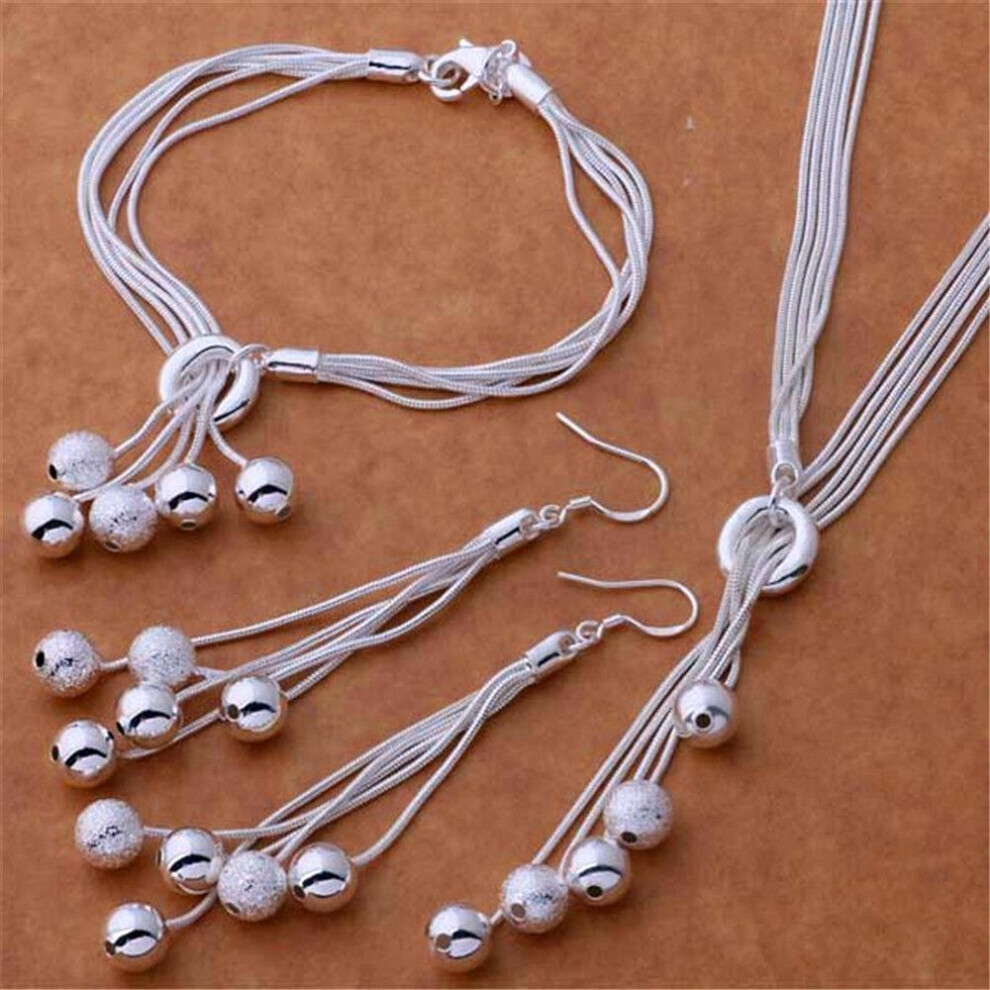 (as the picture) Silver-plated Necklace Set S925 Silver Earrings Bracelet Set Fashion Jewelry S925 Silver-plated Five-sand Beads Bracelet Necklace Earrings Set